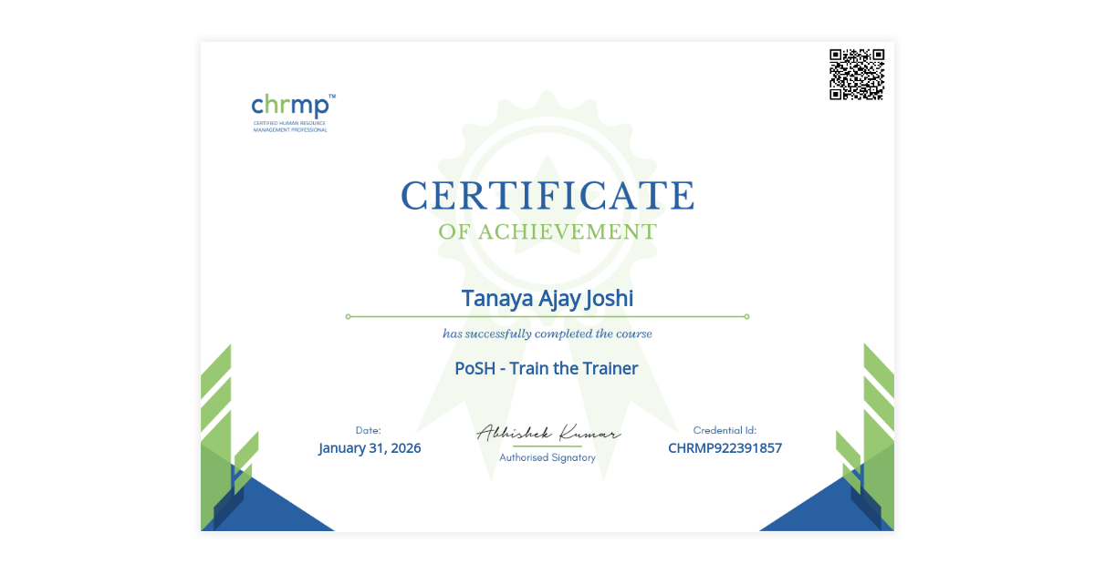 Tanaya Ajay Joshi | PoSH - Train the Trainer | CHRMP (Certified Human ...